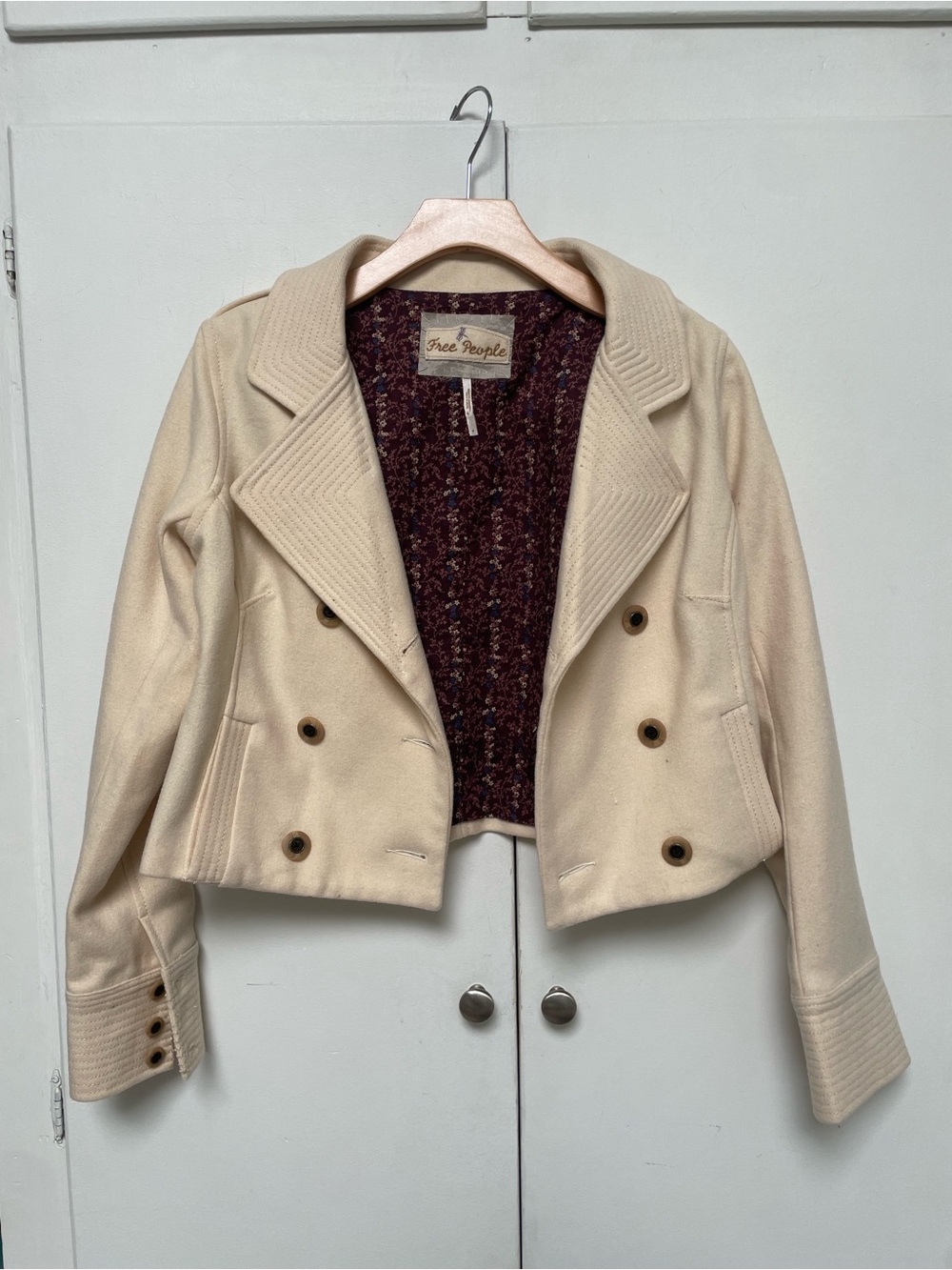 Free People Cream Double-Breasted Cropped Pea Coat